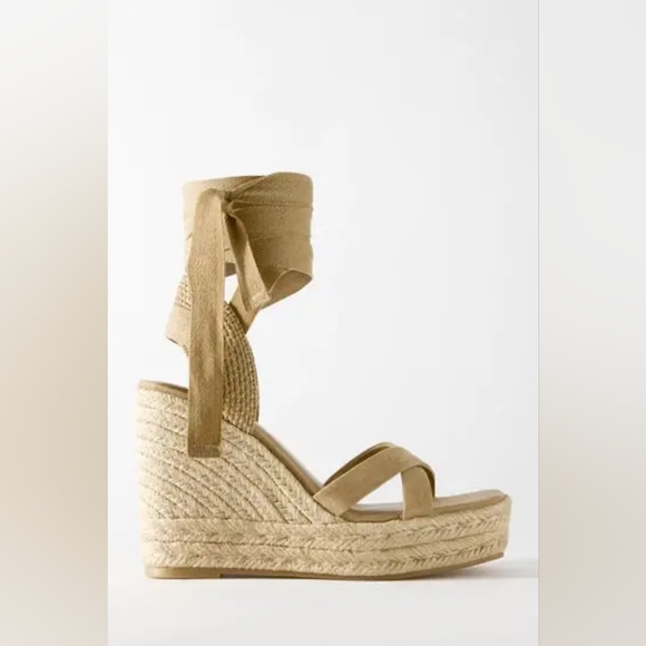 100% Sheep/ Suede Leather LACE-UP WEDGE SANDALS By Zara - Picture 6 of 10